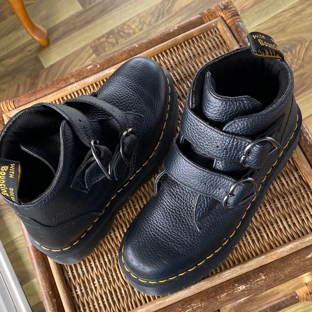 Dr. Martens Black Leather Platform Heart-Buckle Combat Boots - Picture 6 of 7